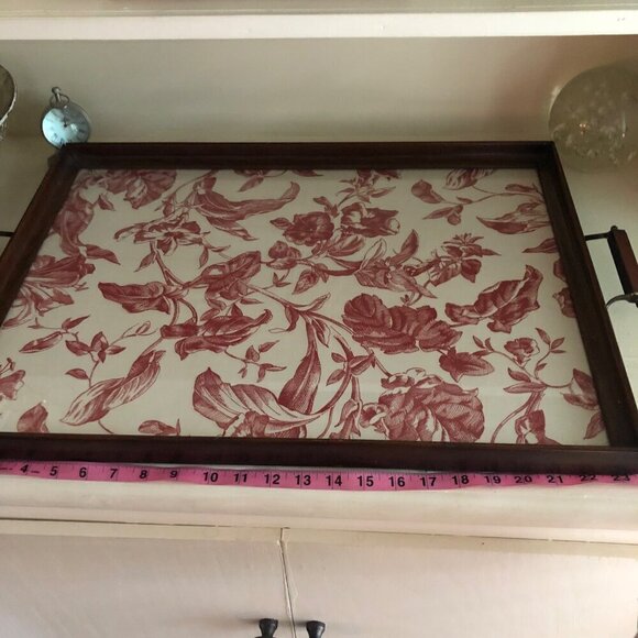 Wood Frame Antique Vintage Glass Serving Tray Red Flower Pattern Print - Picture 12 of 15
